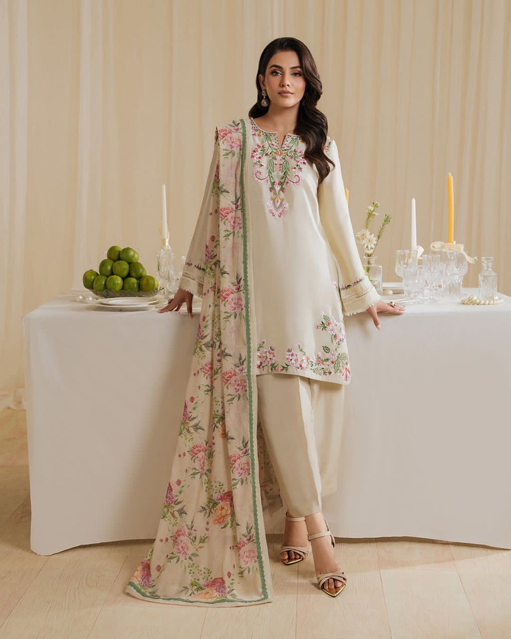 ✨ Cream Floral Embroidered Kurta Set with Farshi Palazzo & Dupatta✨