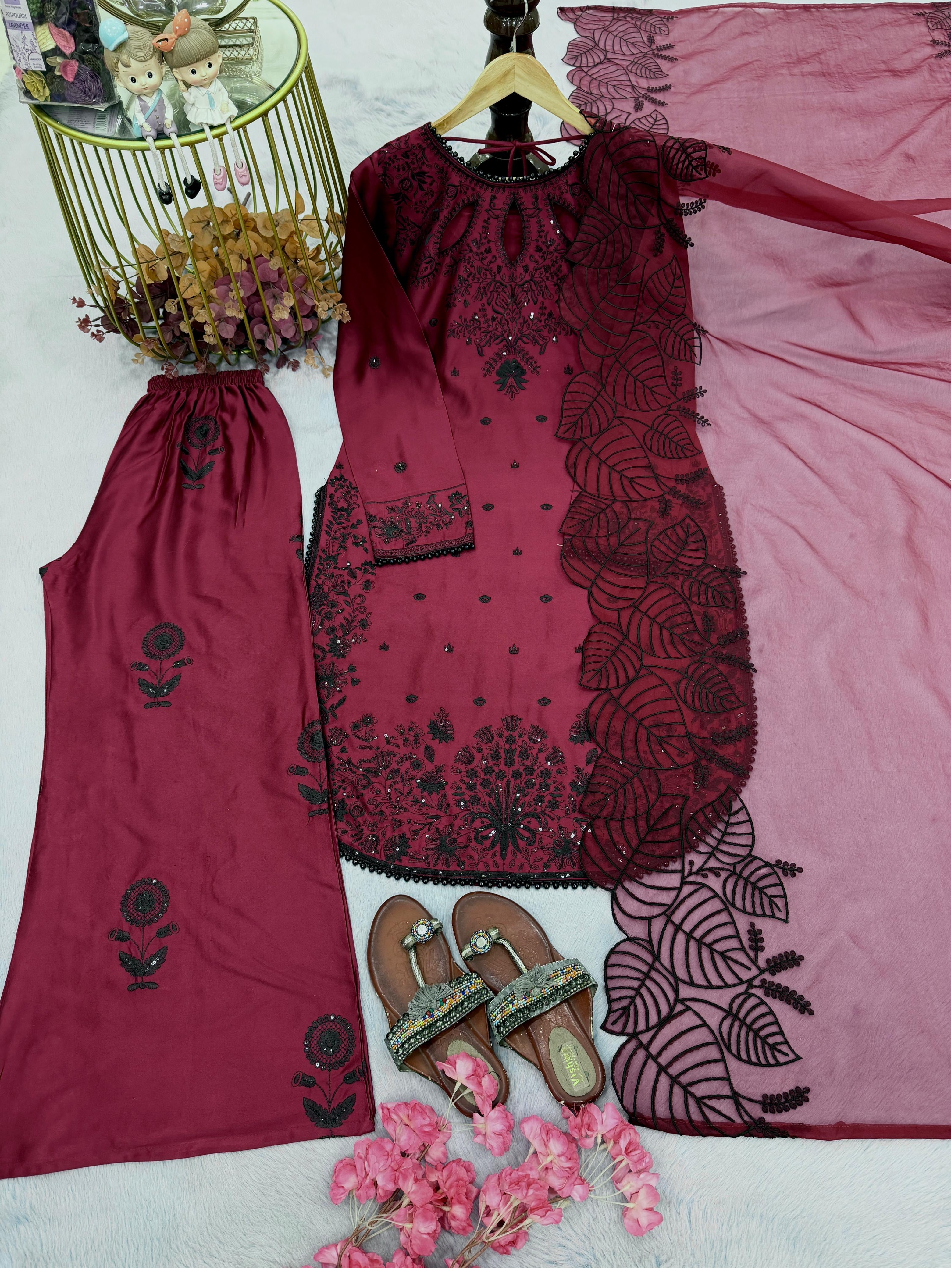 Designer Party Wear Satin Rayon Top, Palazzo & Dupatta Set ✨