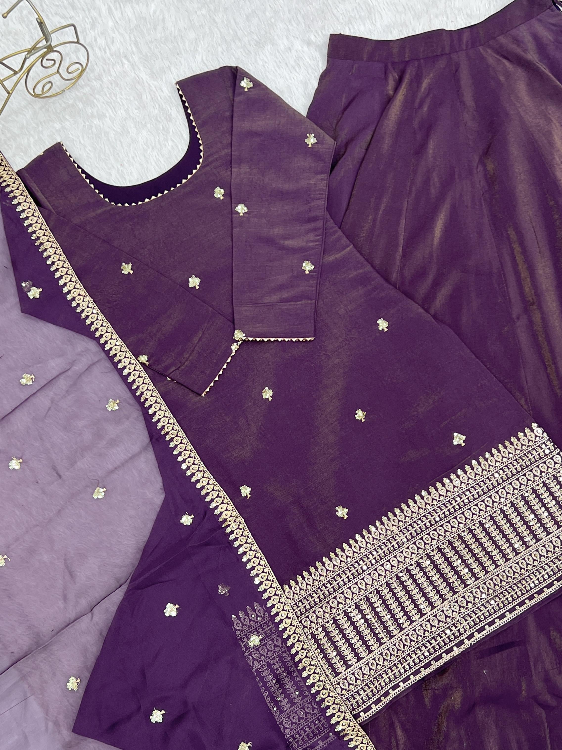 Royal Plum Roman Shimmer Chanderi Silk Kurta Lehenga Set with Zari Embroidery & Organza Dupatta