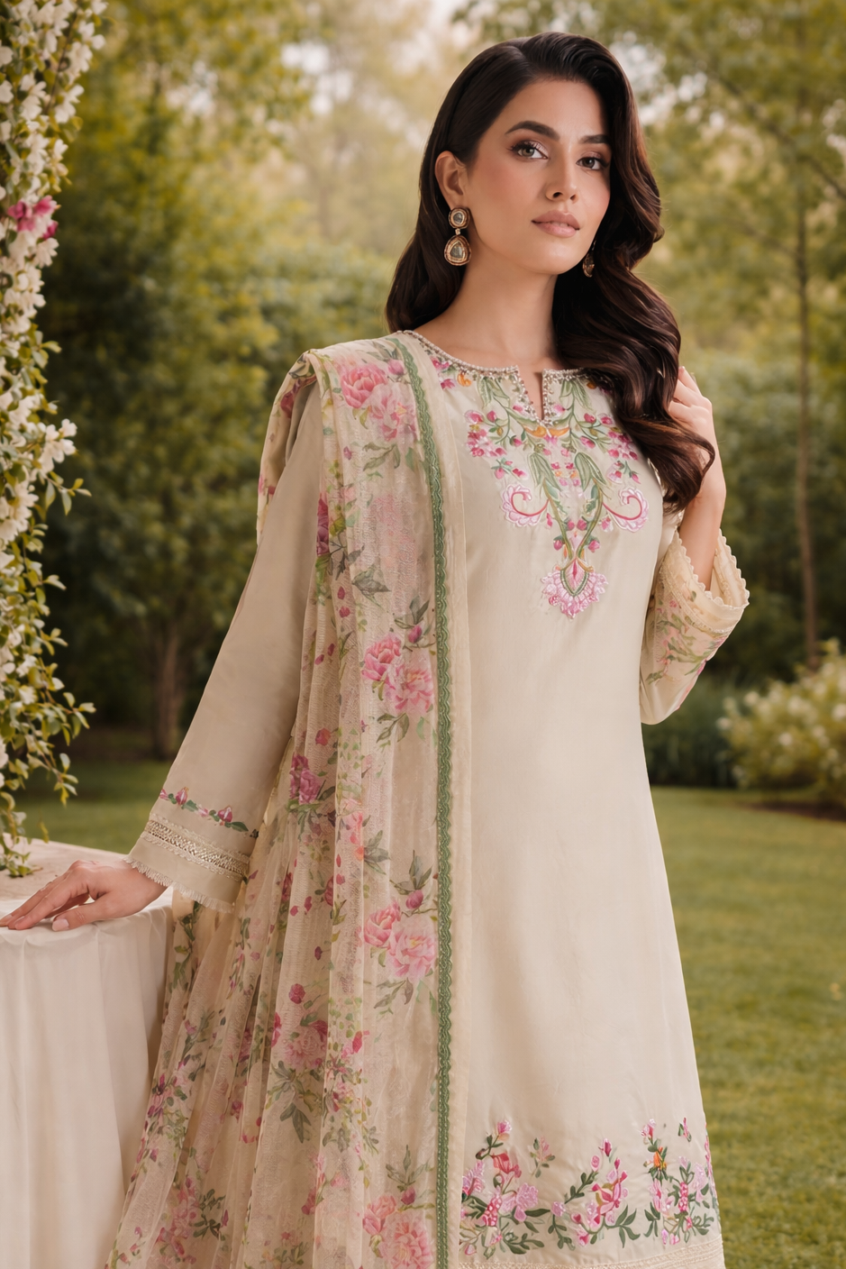 ✨ Cream Floral Embroidered Kurta Set with Farshi Palazzo & Dupatta✨