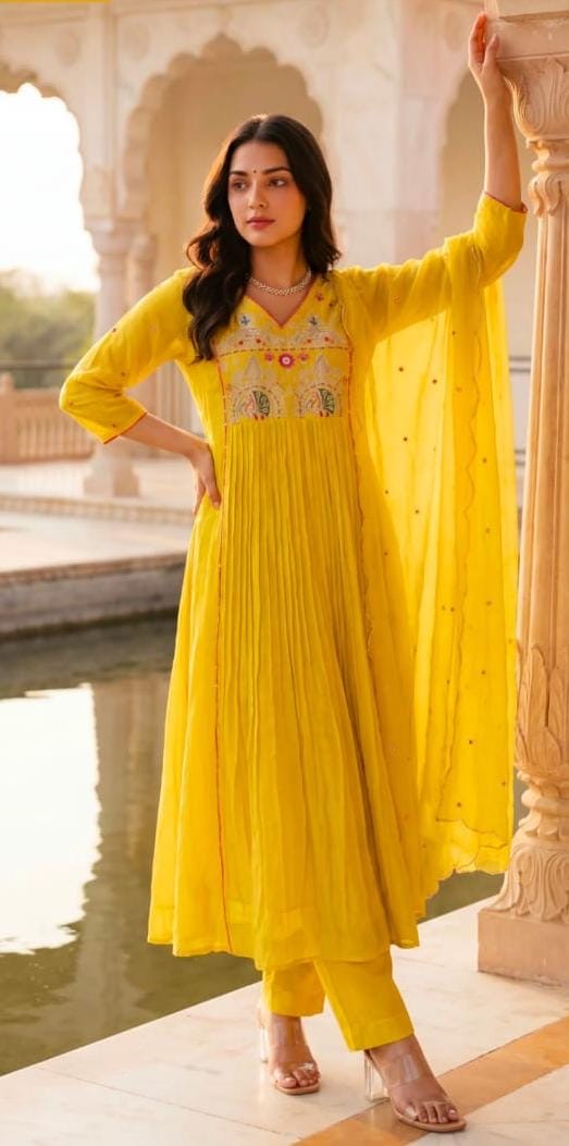 Gulnaar Pleated Anarkali Set with Dupatta