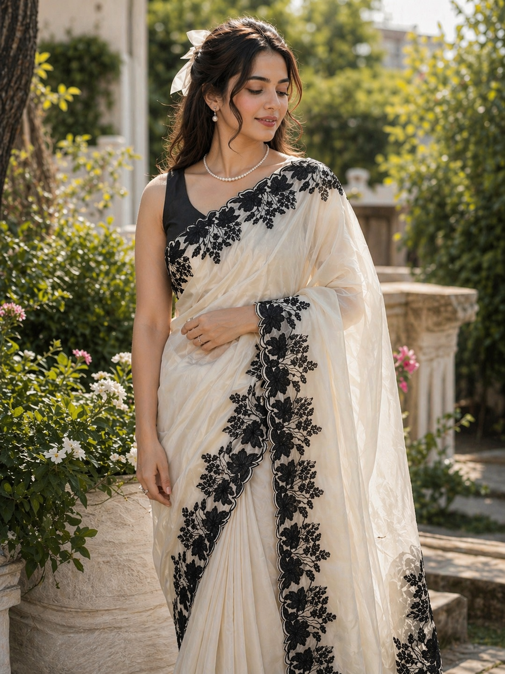 Ivory Organza Saree with Black Floral Scalloped Border🤍