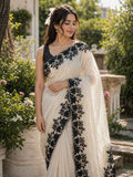 Ivory Organza Saree with Black Floral Scalloped Border🤍