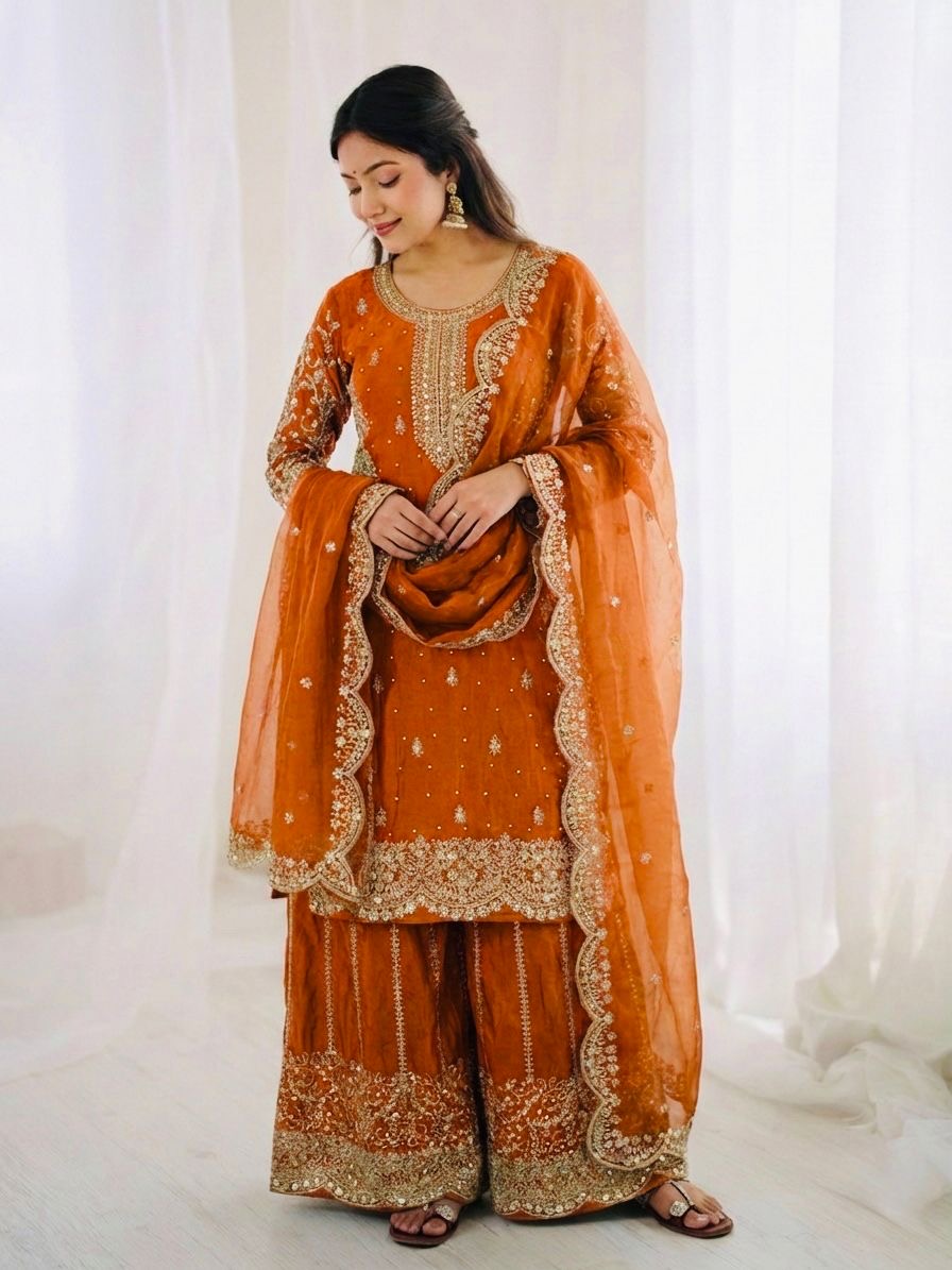 Rust Orange Fendy Silk Sharara Set with Coding & Sequins Embroidery