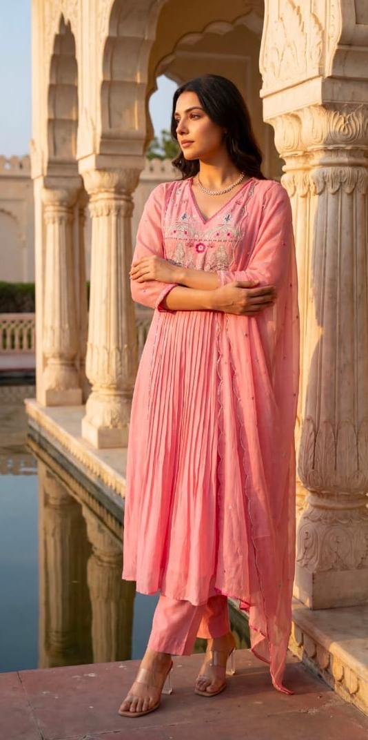 Gulnaar Pleated Anarkali Set with Dupatta