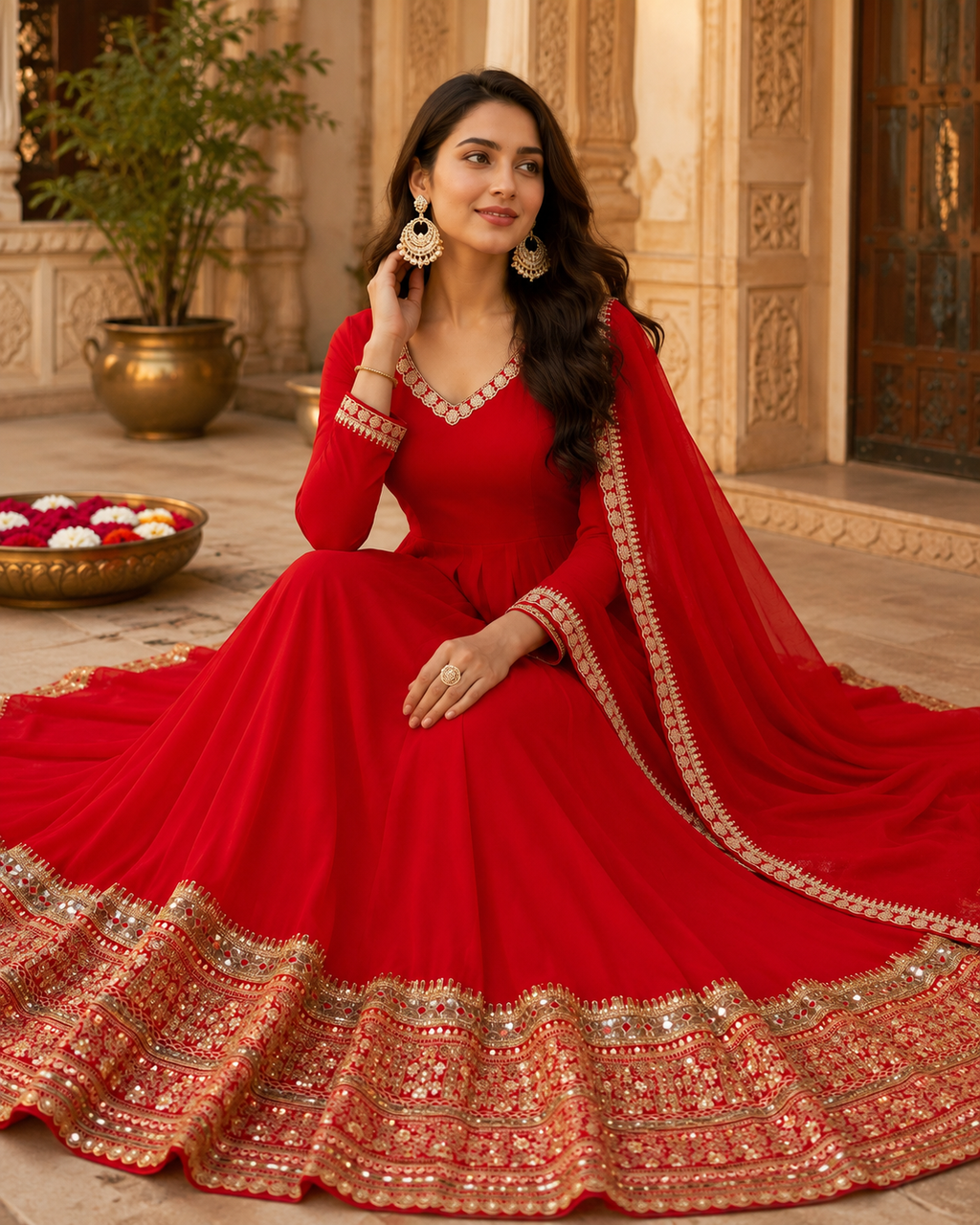 Royal Red Mirror Work Anarkali Suit Set