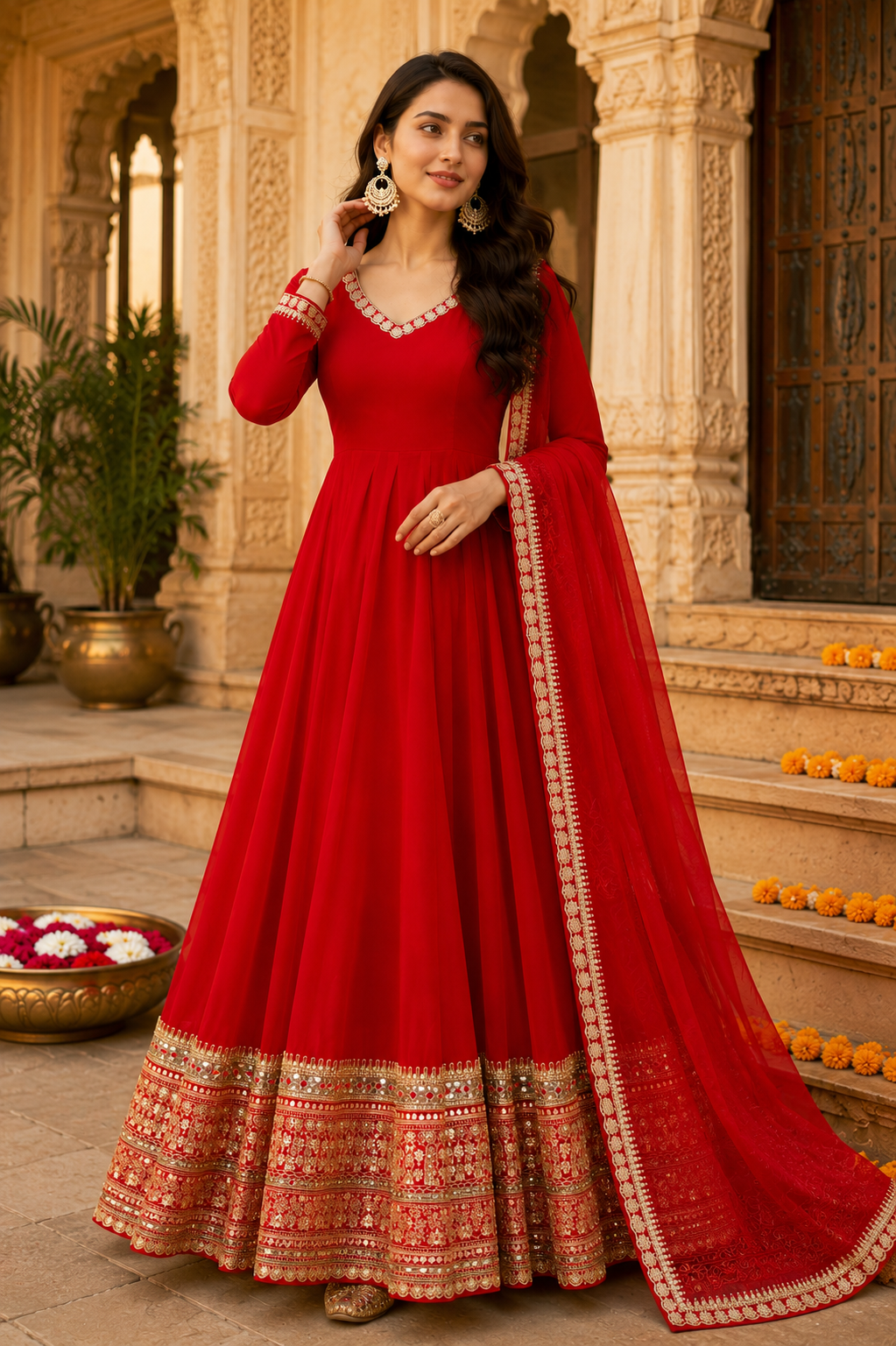 Royal Red Mirror Work Anarkali Suit Set