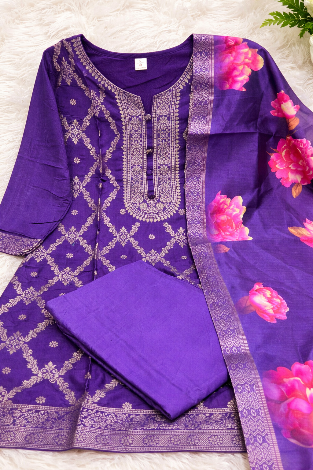 Elegant Purple Banarasi Silk Suit Set with Floral Dupatta