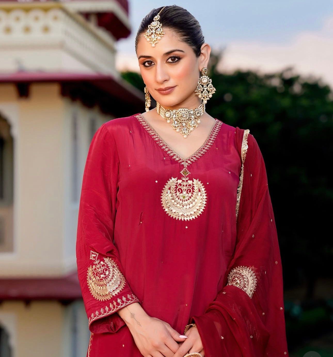 Elegant Chinon Silk Embroidered Suit Set – Premium Festive Wear