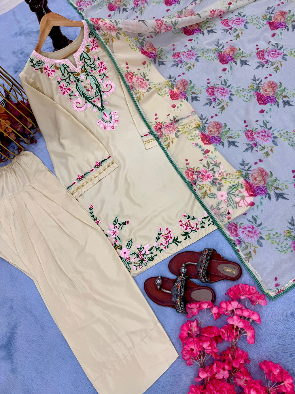 ✨ Cream Floral Embroidered Kurta Set with Farshi Palazzo & Dupatta✨
