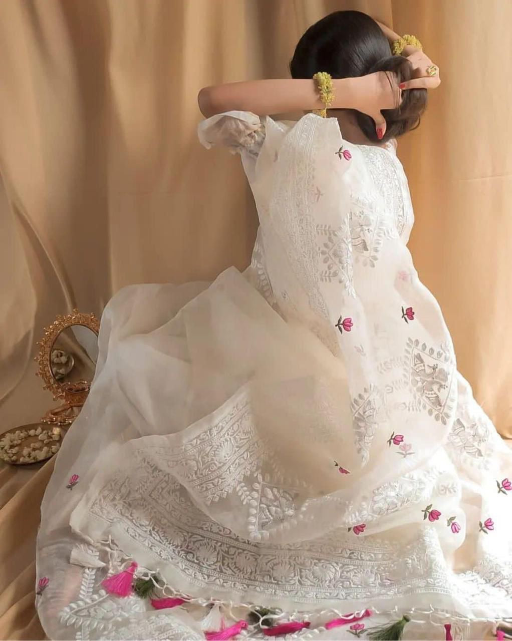 Soft Organza Lucknowi Embroidered Saree with Zari Work & Banglori Silk Blouse