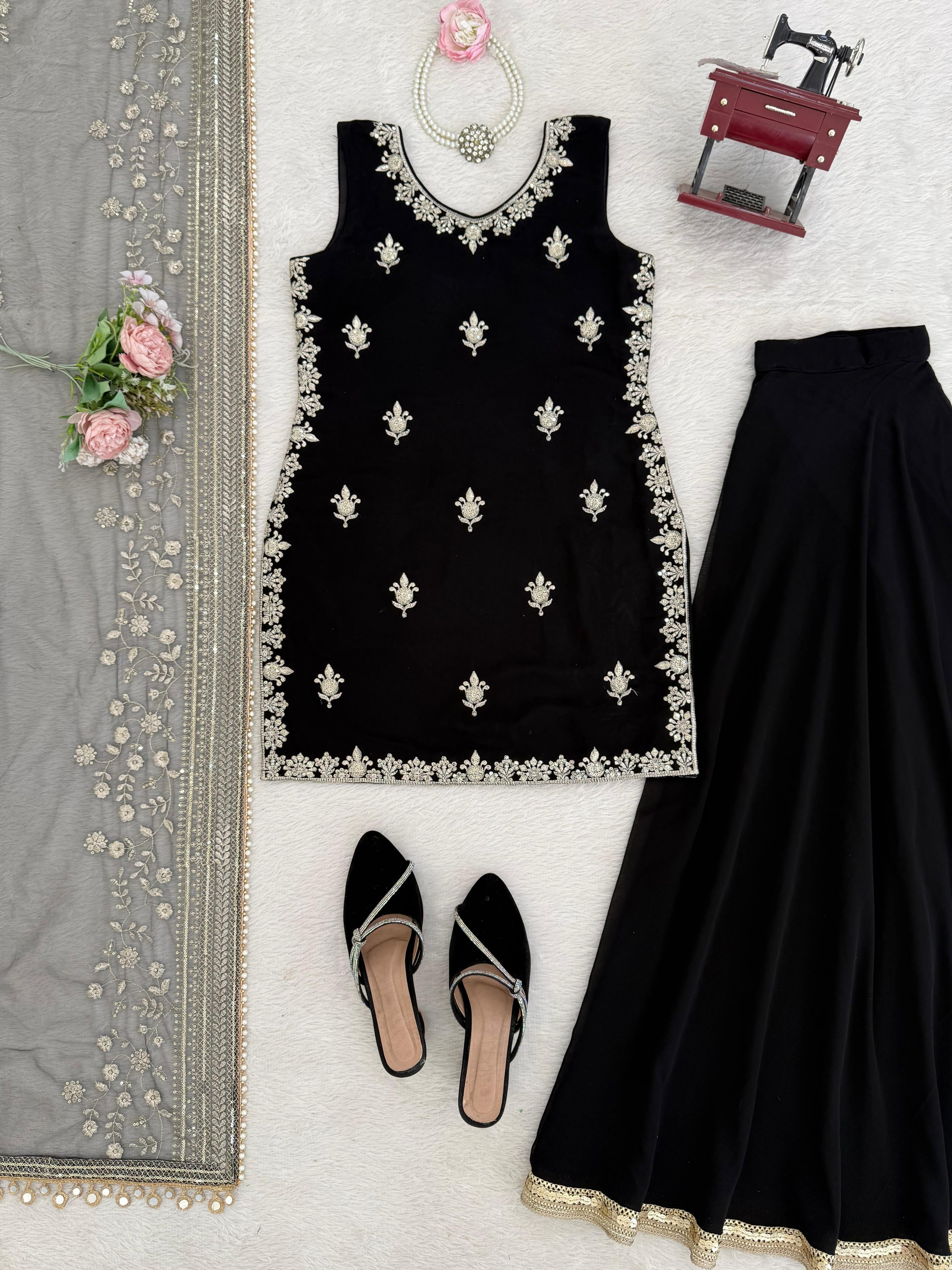 ✨ Designer Black Palazzo Set with Embroidered Dupatta✨