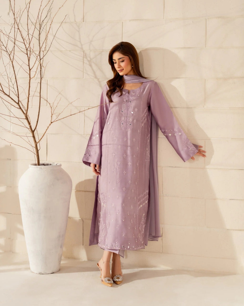 Premium Embroidered France Crepe Silk Kurti Set with Pant & Soft Chinon Dupatta