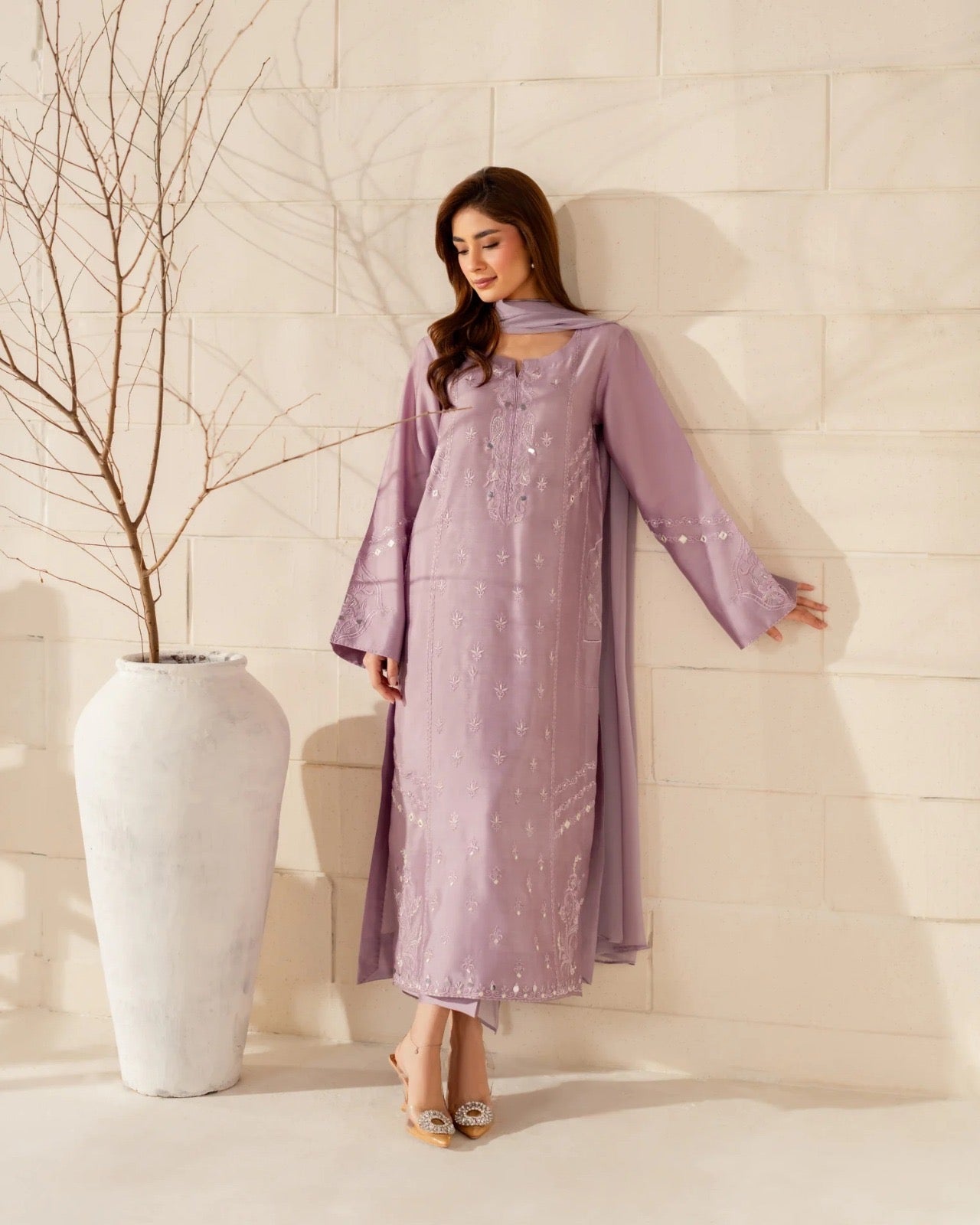 Premium Embroidered France Crepe Silk Kurti Set with Pant & Soft Chinon Dupatta