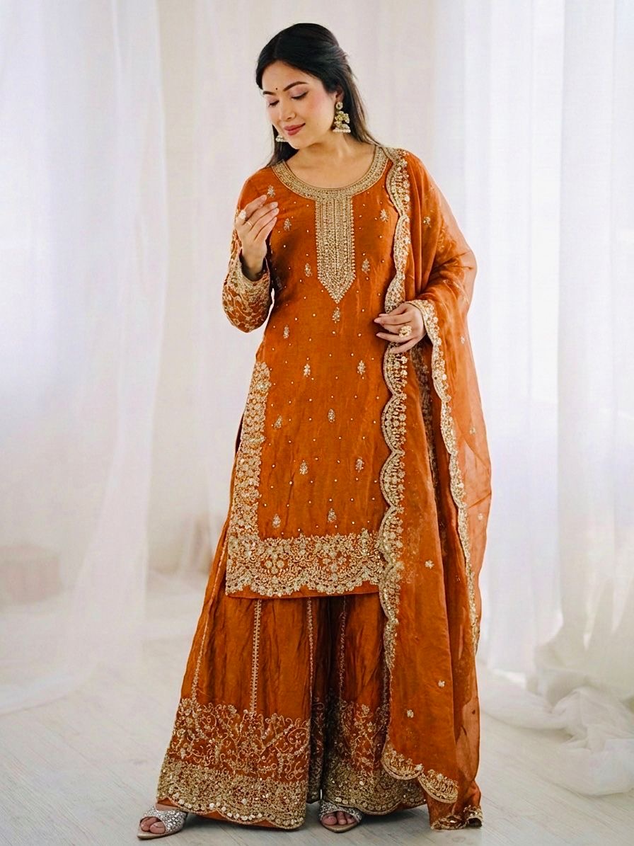 Rust Orange Fendy Silk Sharara Set with Coding & Sequins Embroidery