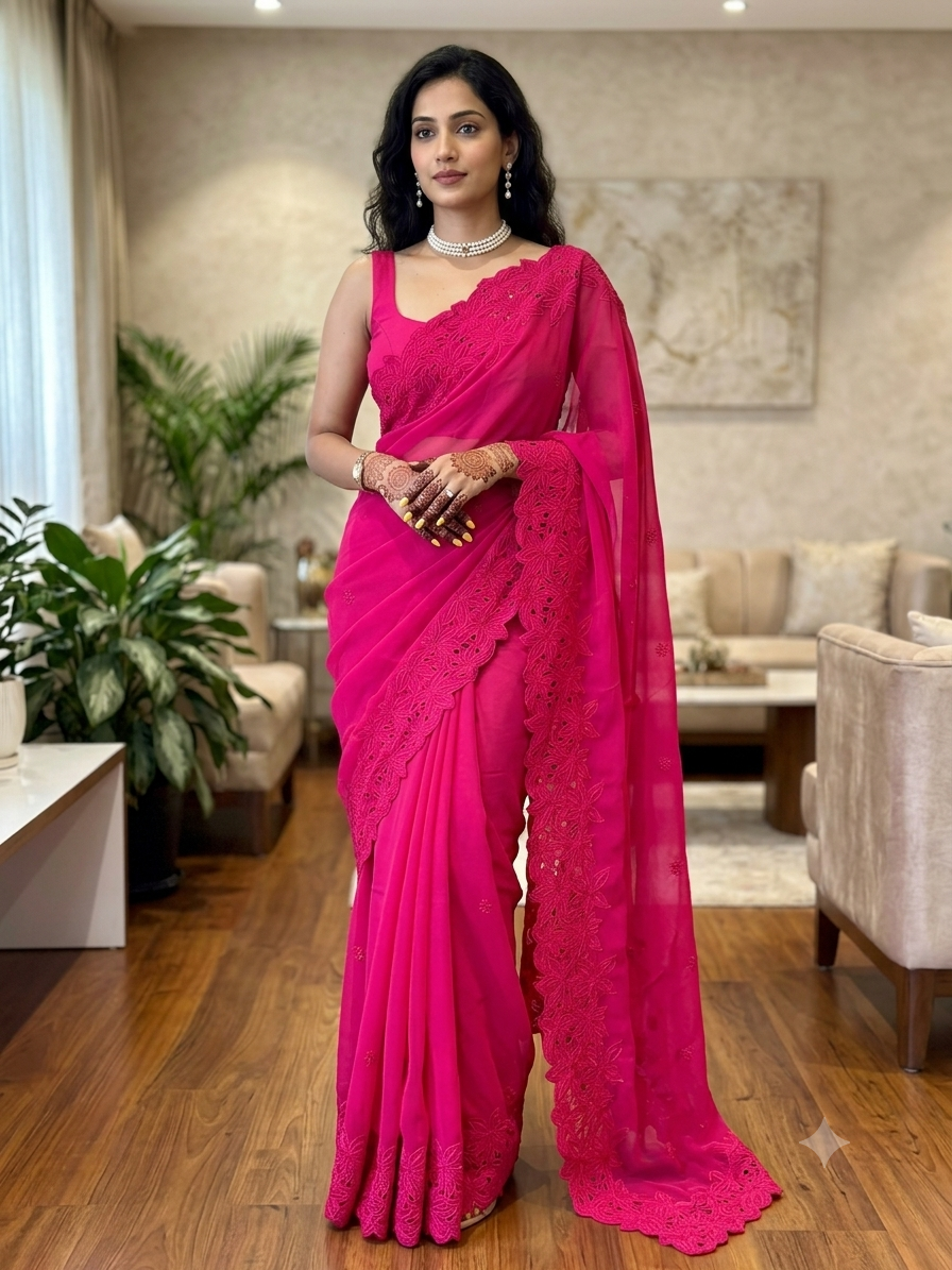 Pure Georgette Cutwork Floral Embroidered Saree with Blouse