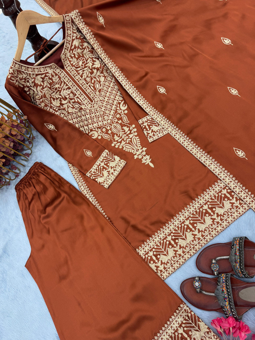 Chinon Silk Embroidered Kurti Palazzo Set with Dupatta