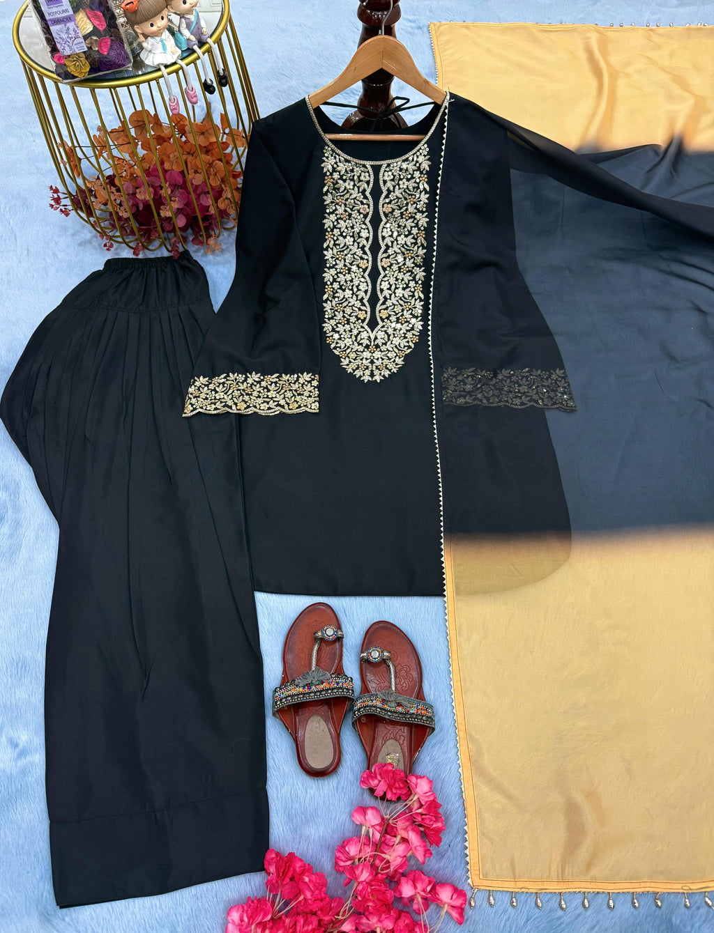🖤 Black Designer Top with Trendy Farshi Salwar & Organza Dupatta