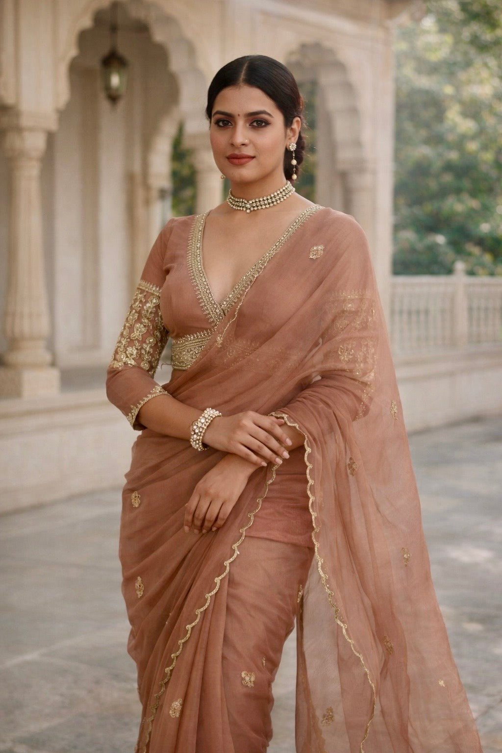 Elegant Pure Organza Embroidered Saree with Valmoti Handwork Border