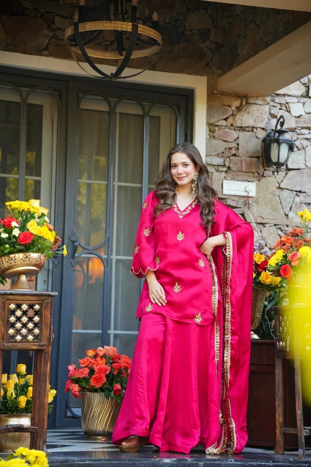 Magenta Pink Fendy Silk Embroidered Kurta Sharara Set with Lace Dupatta