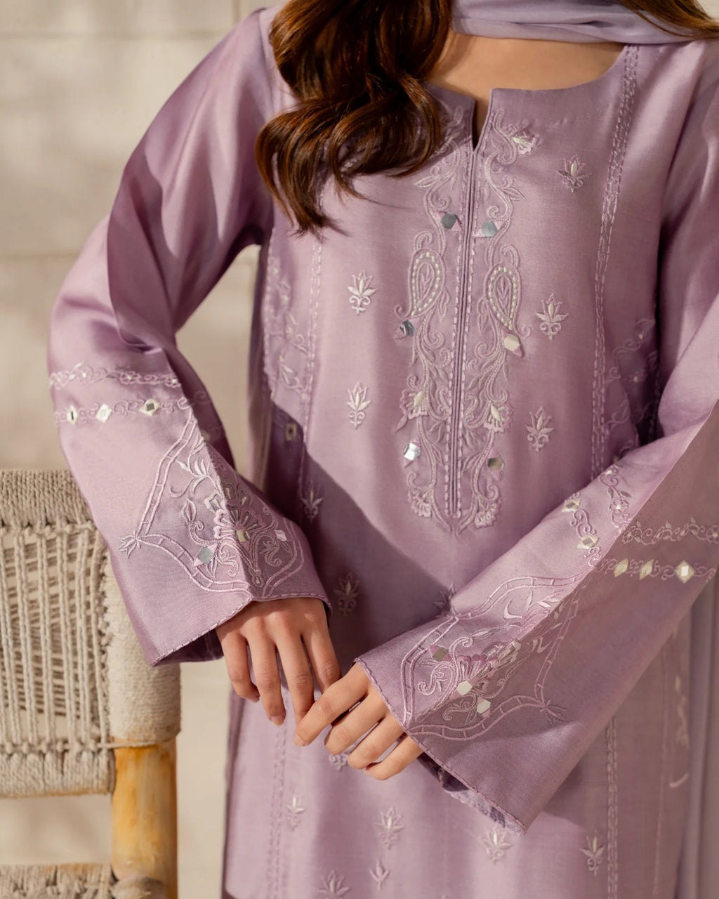 Premium Embroidered France Crepe Silk Kurti Set with Pant & Soft Chinon Dupatta