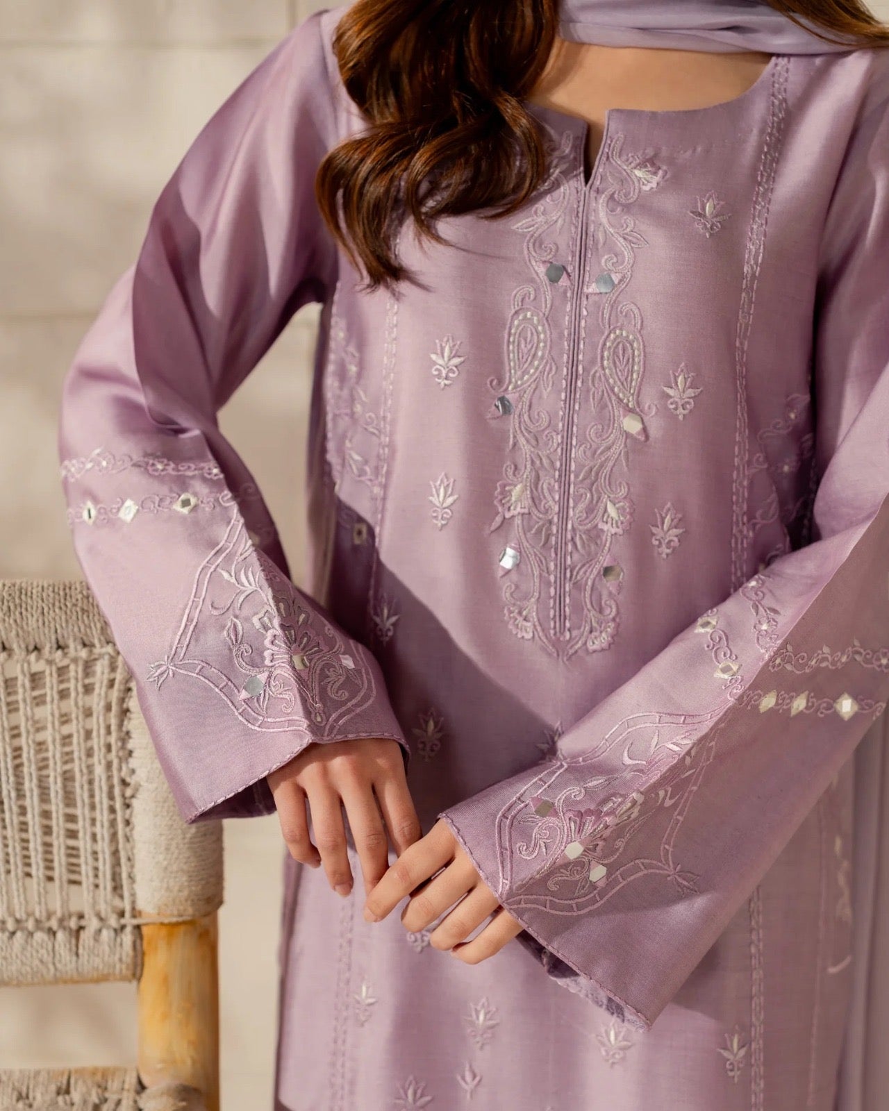 Premium Embroidered France Crepe Silk Kurti Set with Pant & Soft Chinon Dupatta
