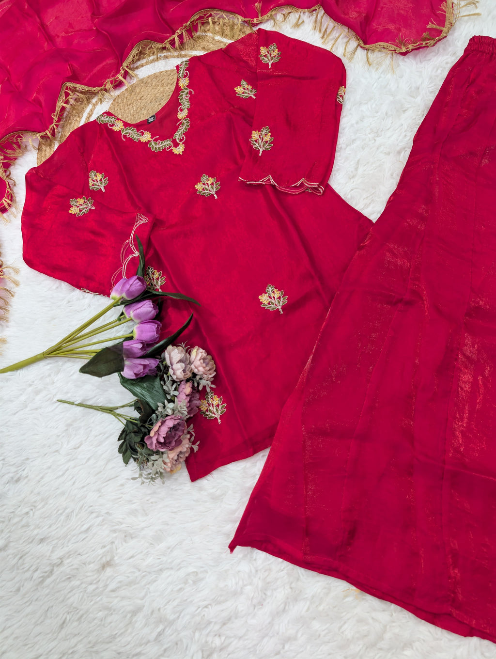 Magenta Pink Fendy Silk Embroidered Kurta Sharara Set with Lace Dupatta