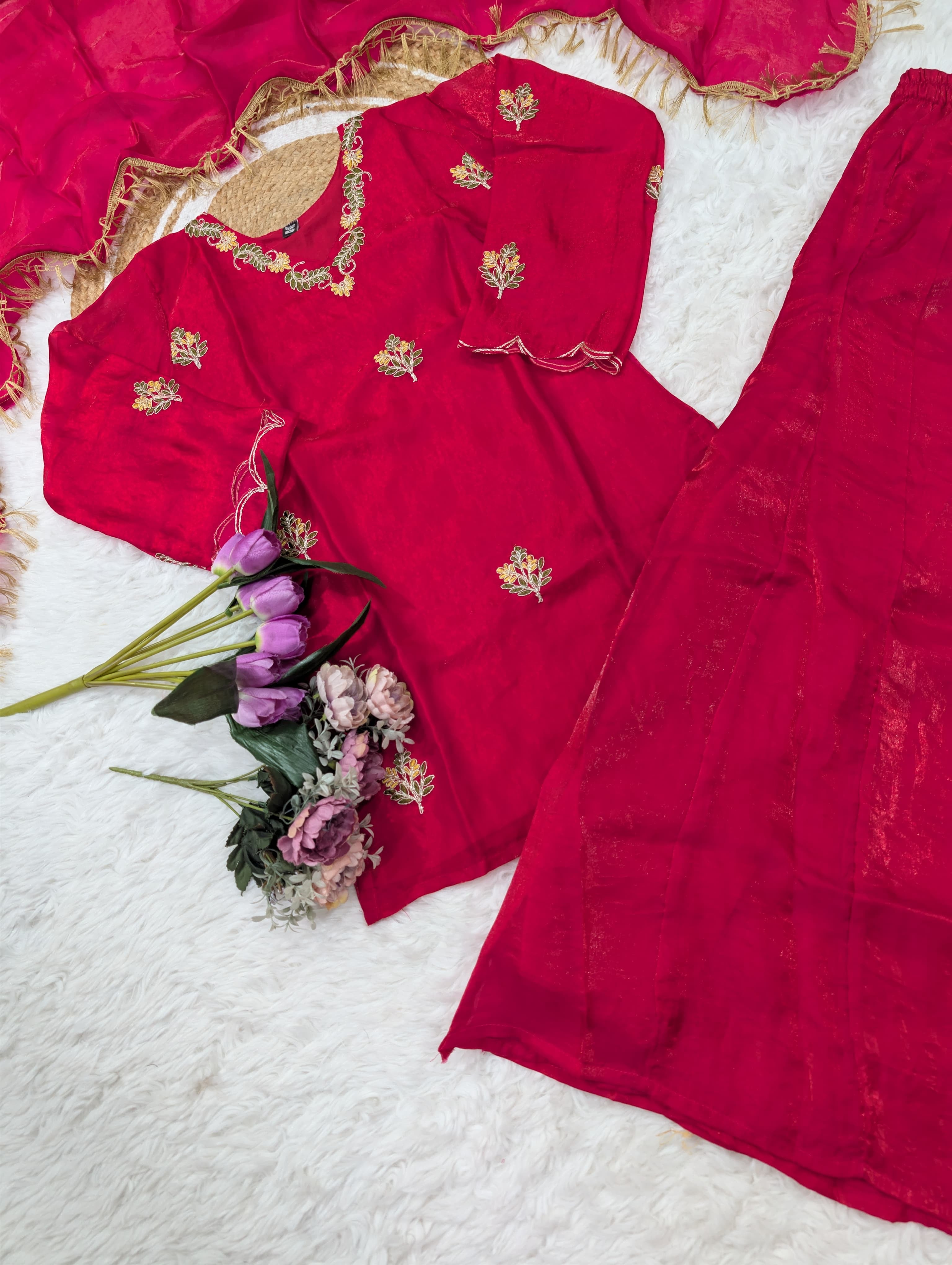 Magenta Pink Fendy Silk Embroidered Kurta Sharara Set with Lace Dupatta