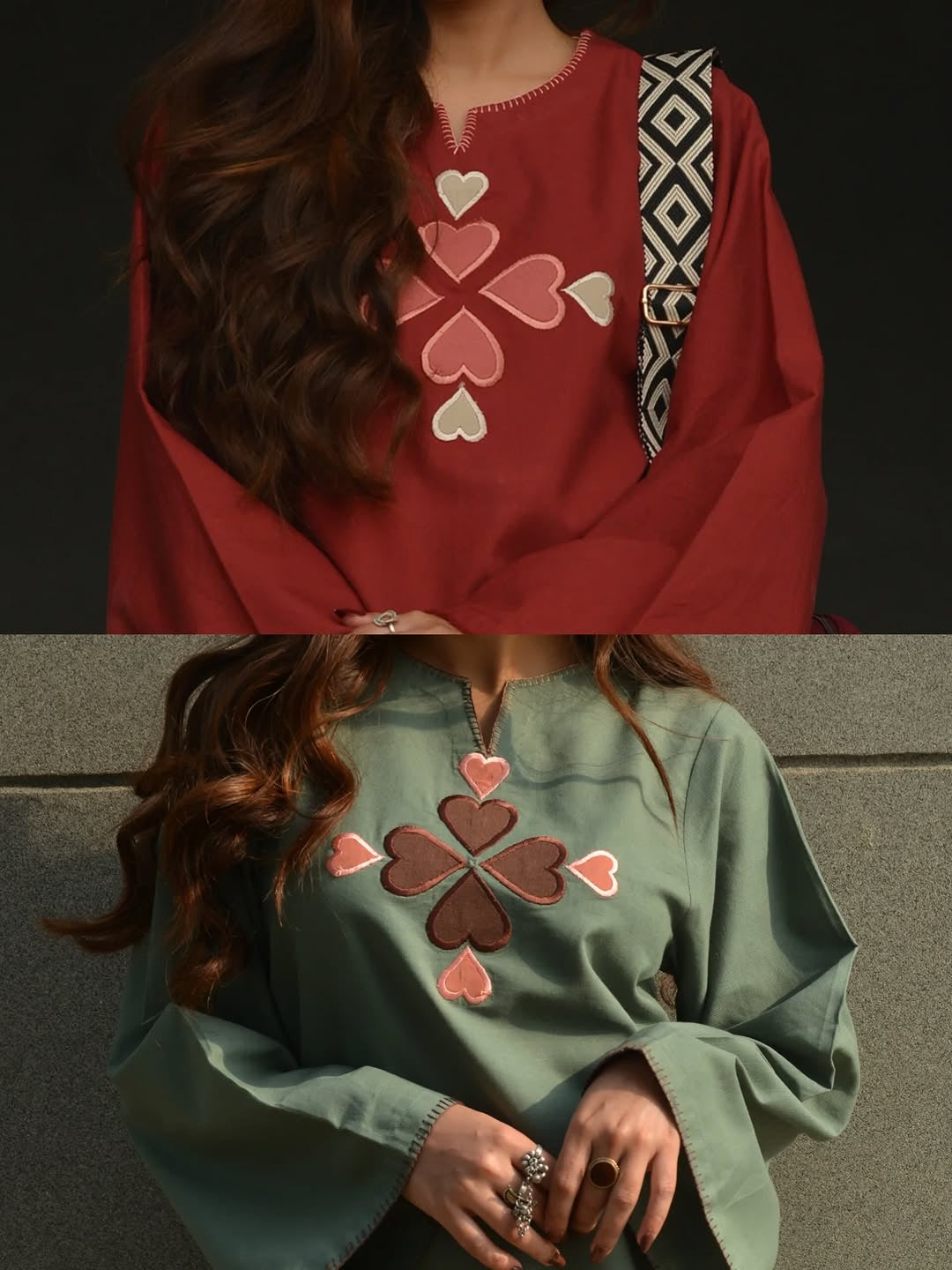 Premium Cotton Kurti Pant Set (Red & Teal Grey)