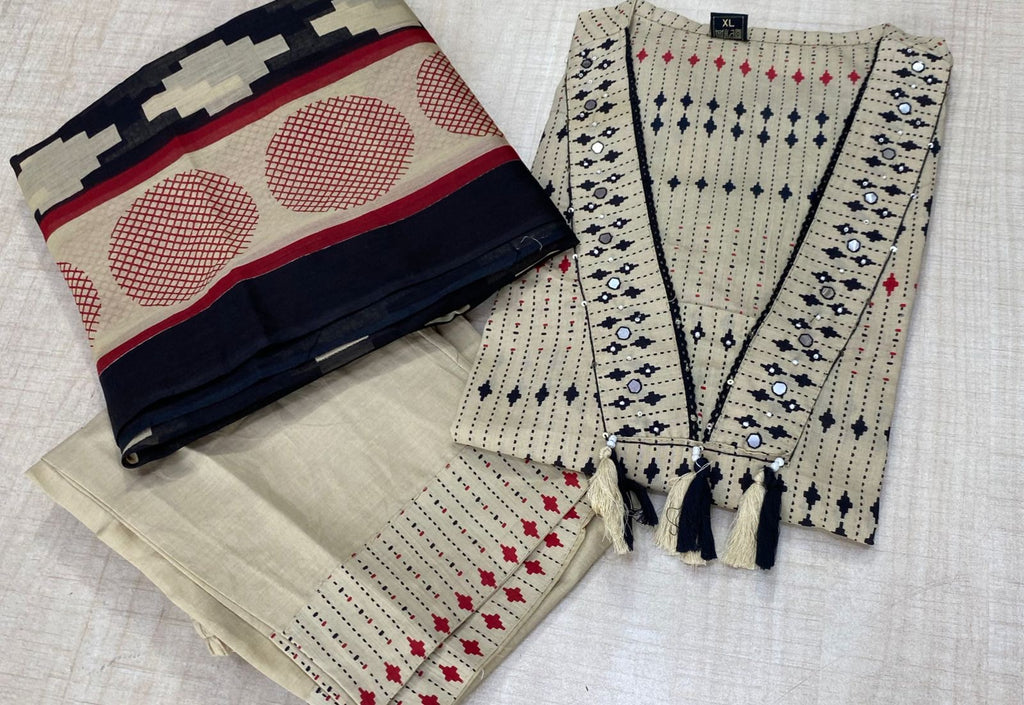 Premium Cotton Kurti Pant Dupatta Set with Mirror Work