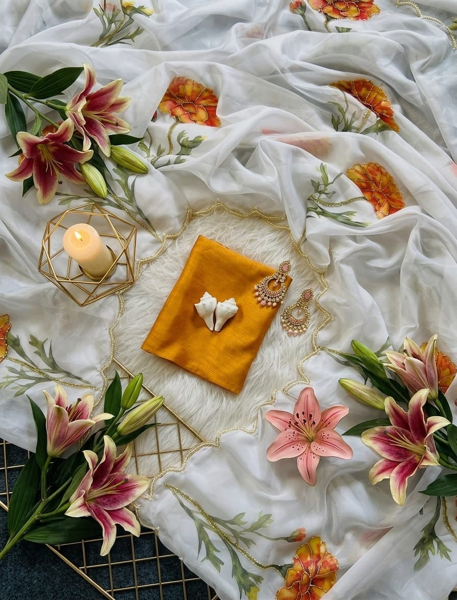 ✨ White London Floral Tabby Silk Organza Saree✨