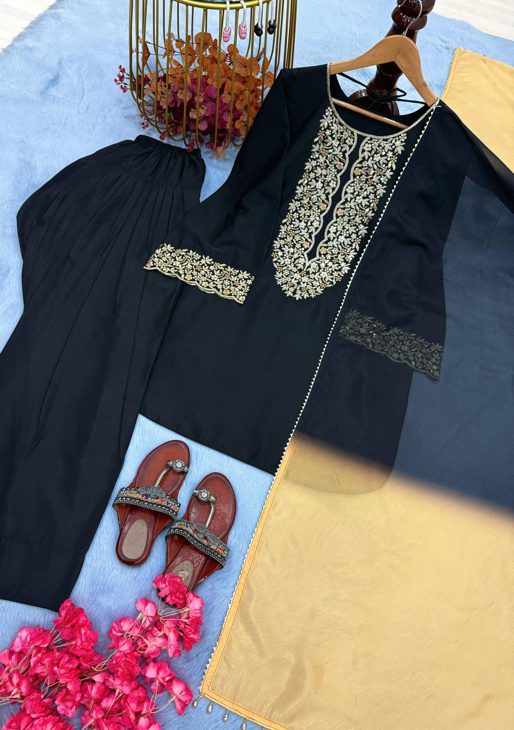 🖤 Black Designer Top with Trendy Farshi Salwar & Organza Dupatta