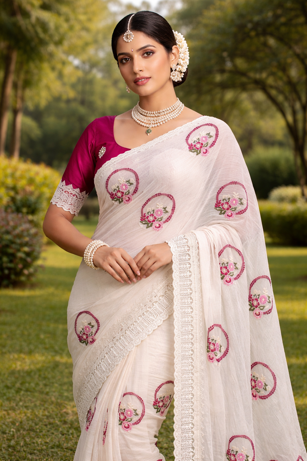 Elegant Pure Georgette Chiffon Saree with Floral Embroidery🌸