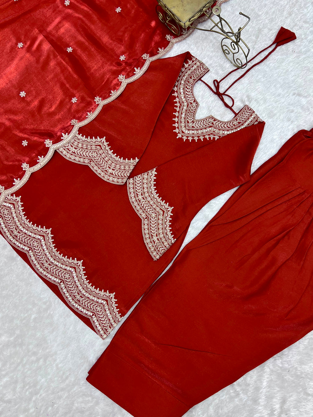 Rust Glass Roman Silk Embroidered Farshi Suit Set with Dupatta | House of Nazam