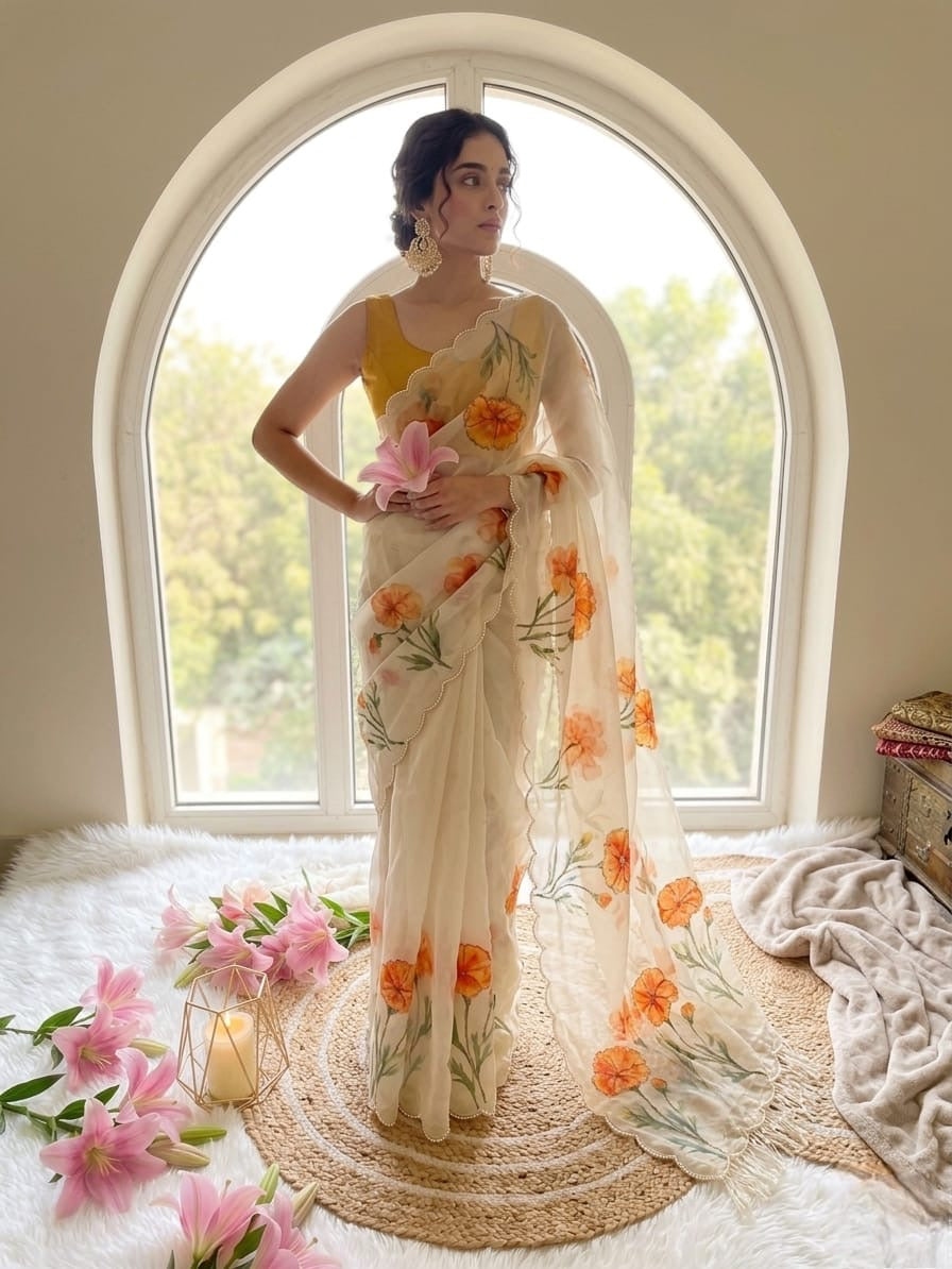 ✨ White London Floral Tabby Silk Organza Saree✨