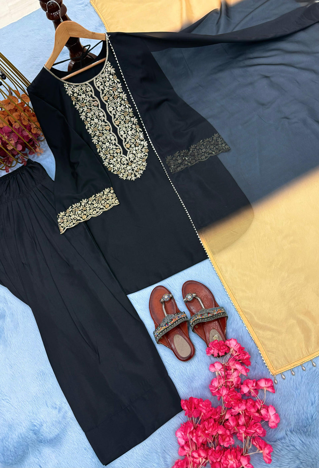 🖤 Black Designer Top with Trendy Farshi Salwar & Organza Dupatta