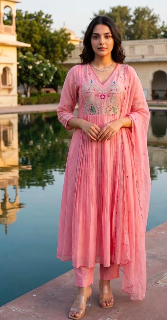 Gulnaar Pleated Anarkali Set with Dupatta
