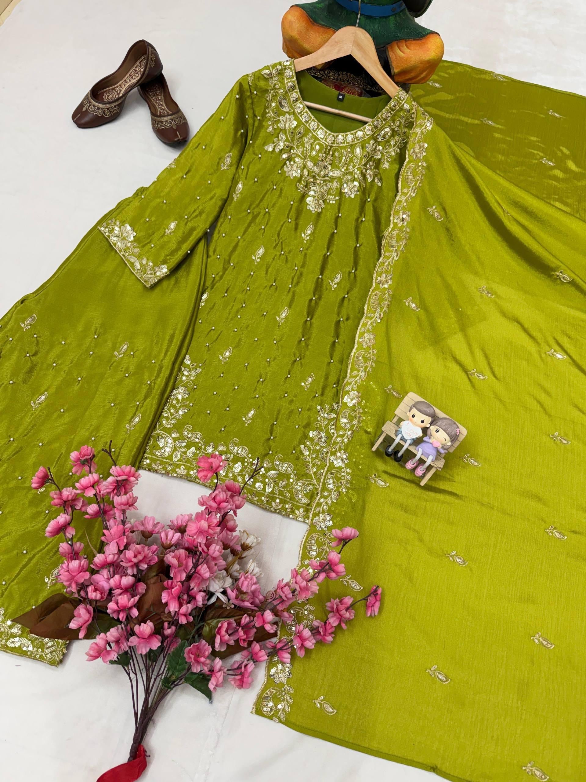 💚 Chinon Silk Embroidered Kurti Palazzo Set