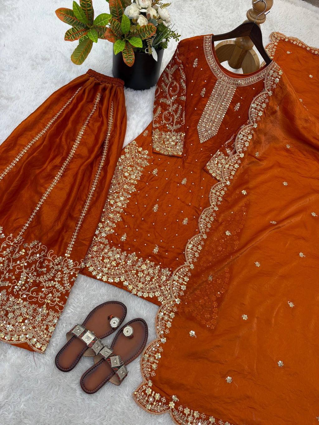 Rust Orange Fendy Silk Sharara Set with Coding & Sequins Embroidery
