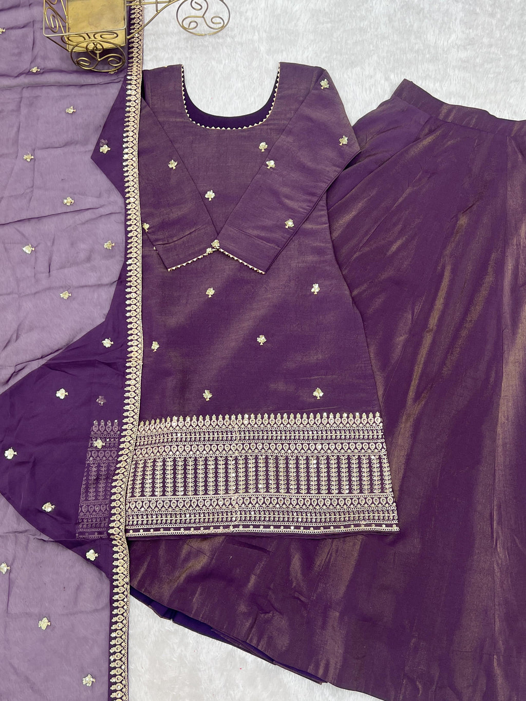 Royal Plum Roman Shimmer Chanderi Silk Kurta Lehenga Set with Zari Embroidery & Organza Dupatta