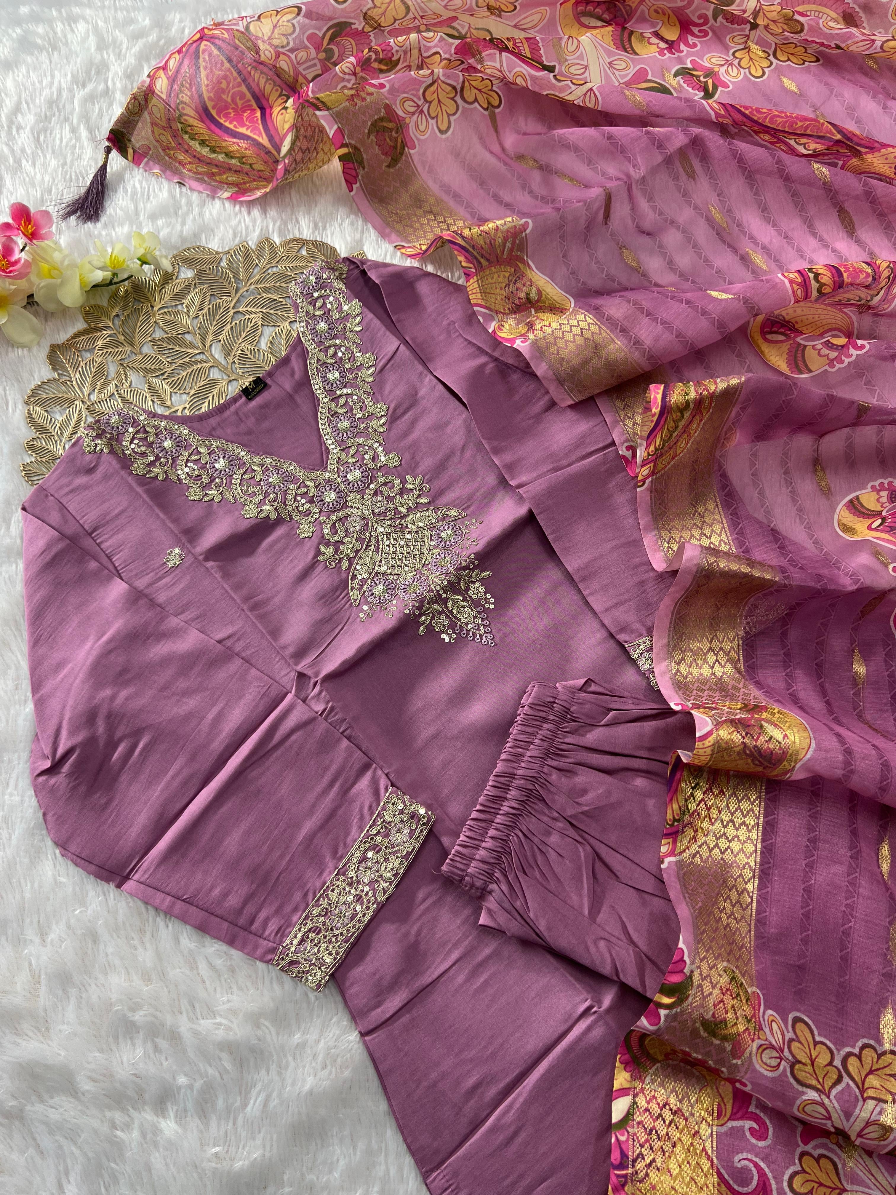 ✨ Elegant Mauve Roman Silk Suit Set