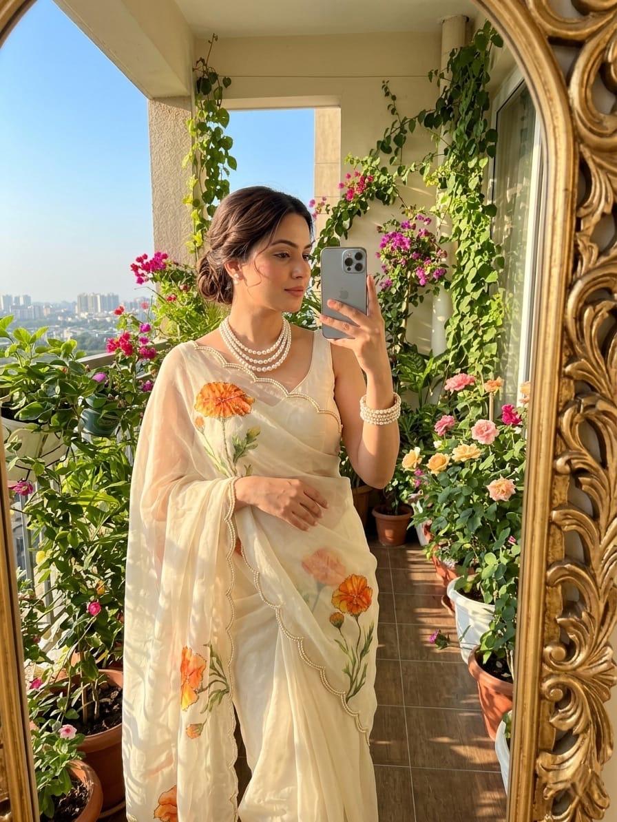 ✨ White London Floral Tabby Silk Organza Saree✨