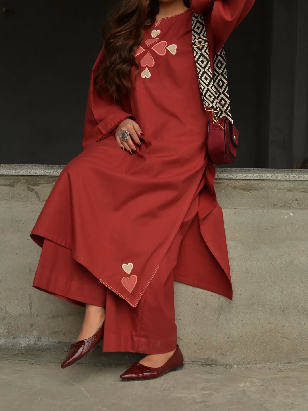 Premium Cotton Kurti Pant Set (Red & Teal Grey)