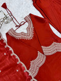 Rust Glass Roman Silk Embroidered Farshi Suit Set with Dupatta | House of Nazam