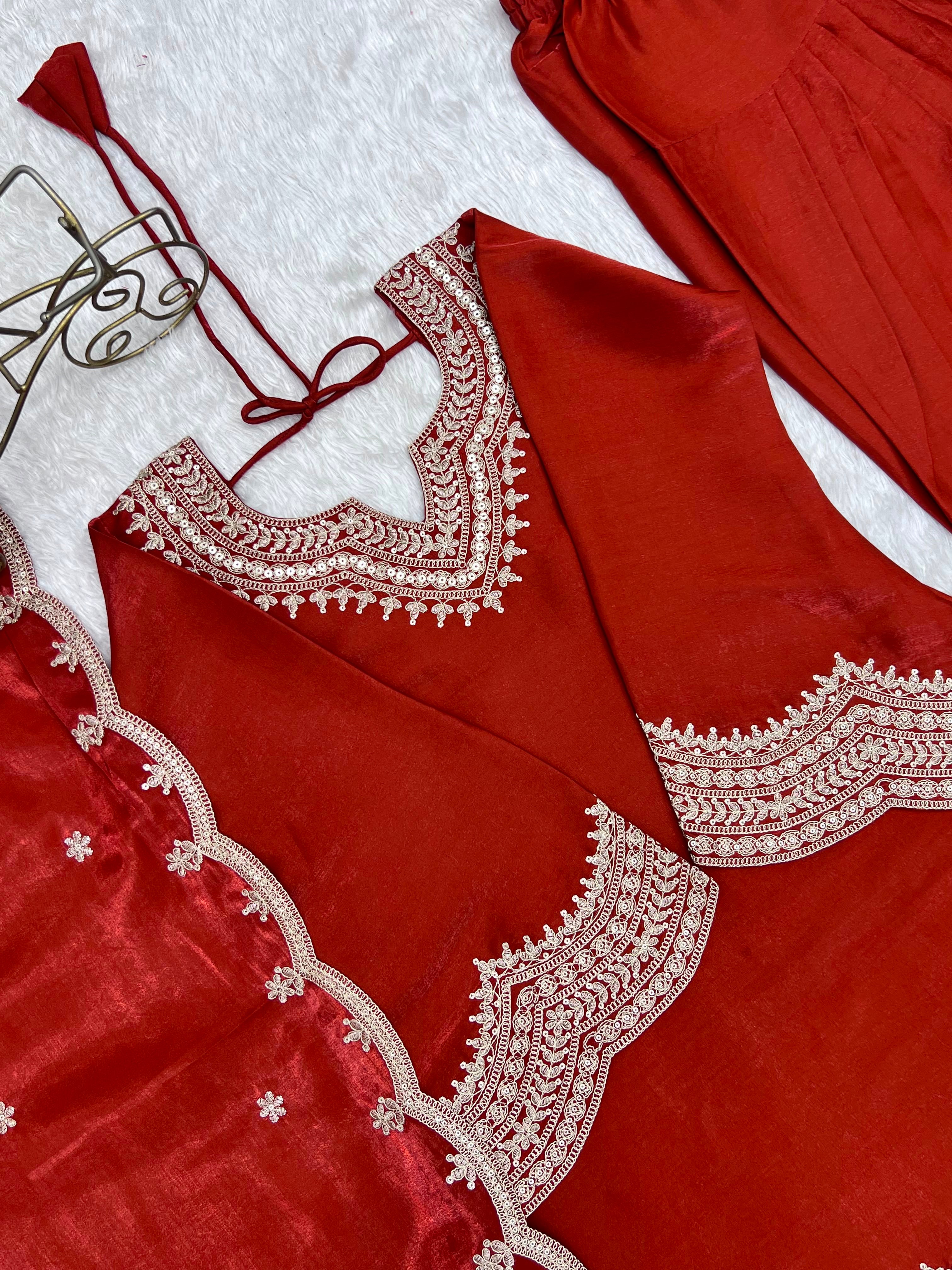 Rust Glass Roman Silk Embroidered Farshi Suit Set with Dupatta | House of Nazam