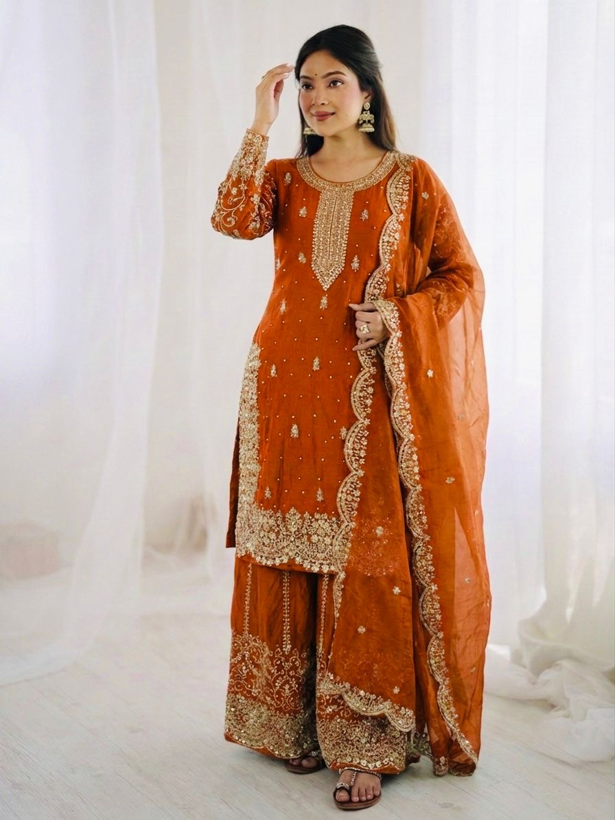 Rust Orange Fendy Silk Sharara Set with Coding & Sequins Embroidery