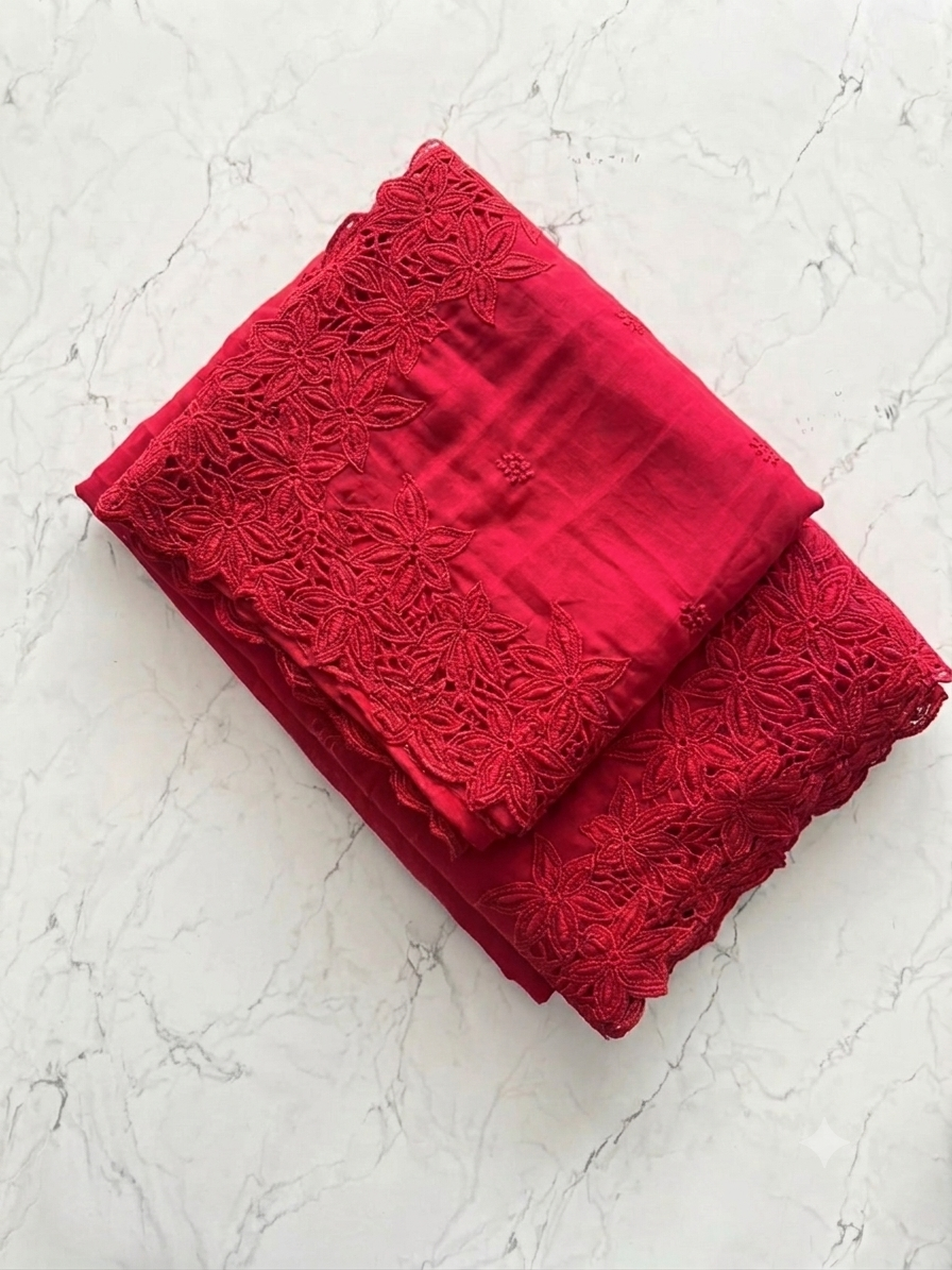Pure Georgette Cutwork Floral Embroidered Saree with Blouse