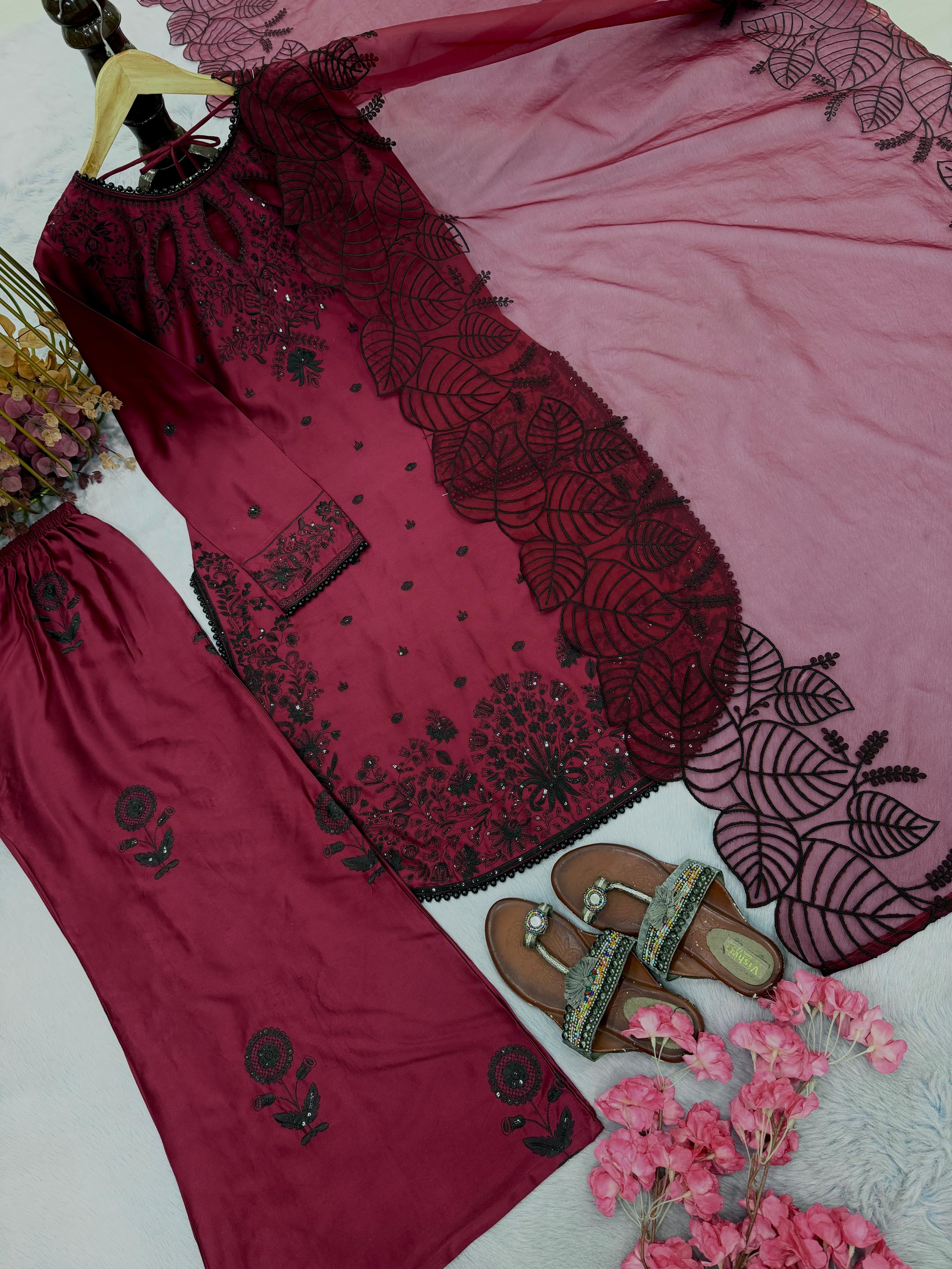 Designer Party Wear Satin Rayon Top, Palazzo & Dupatta Set ✨