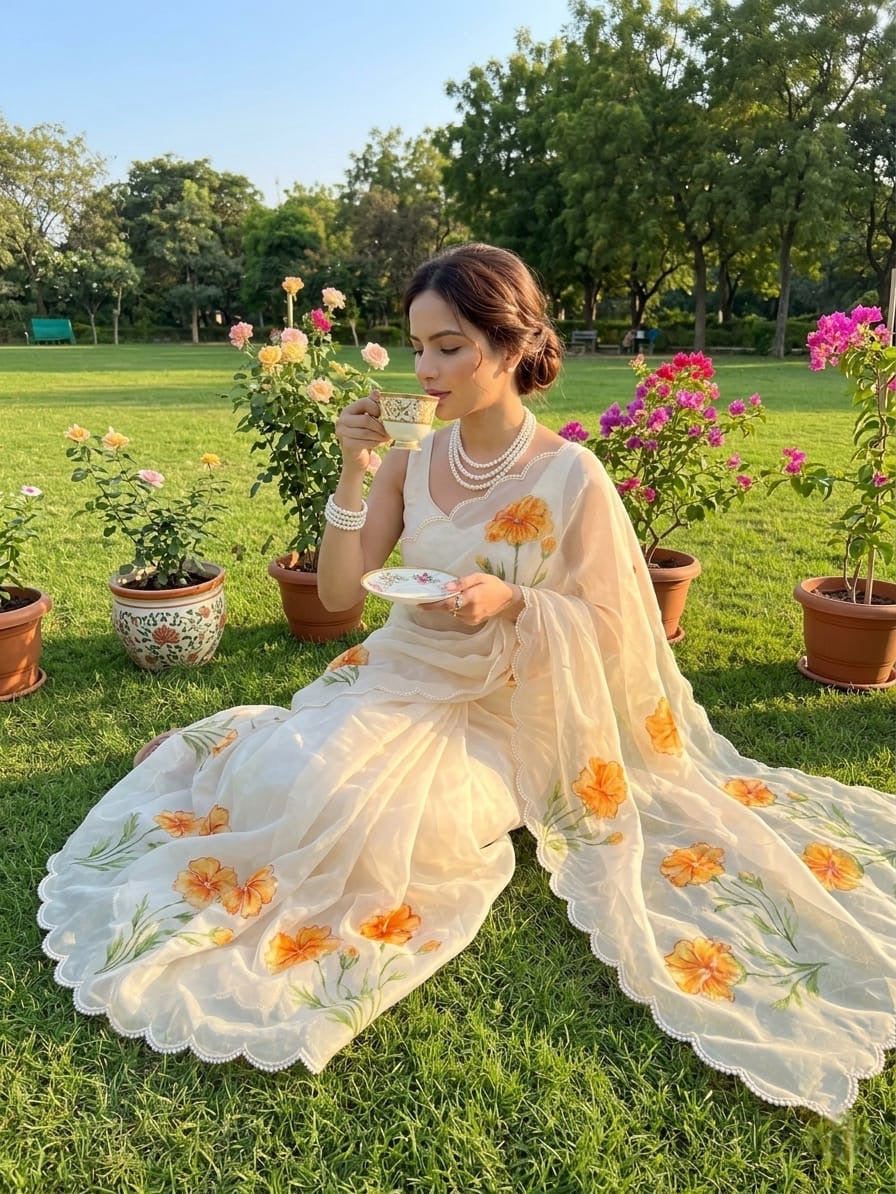 ✨ White London Floral Tabby Silk Organza Saree✨
