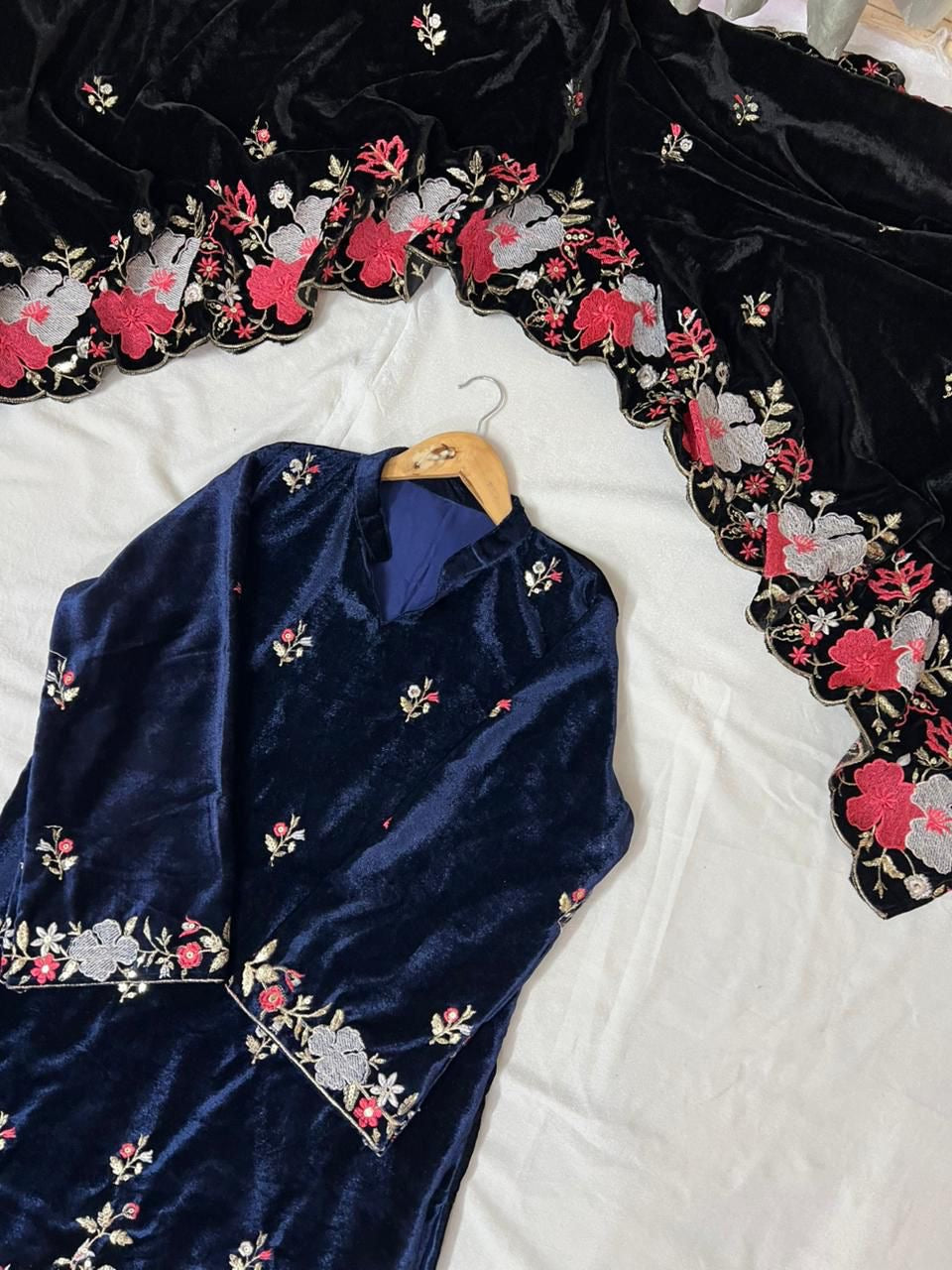 Velvet Kurta & Pant With Beautiful Sequins Embroidery Work